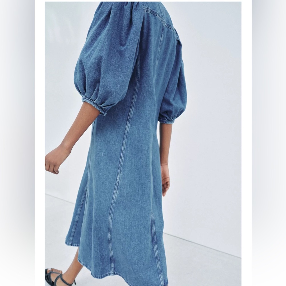 NWT Zara Blue Denim Midi Dress with Balloon Sleeves - Picture 8 of 12